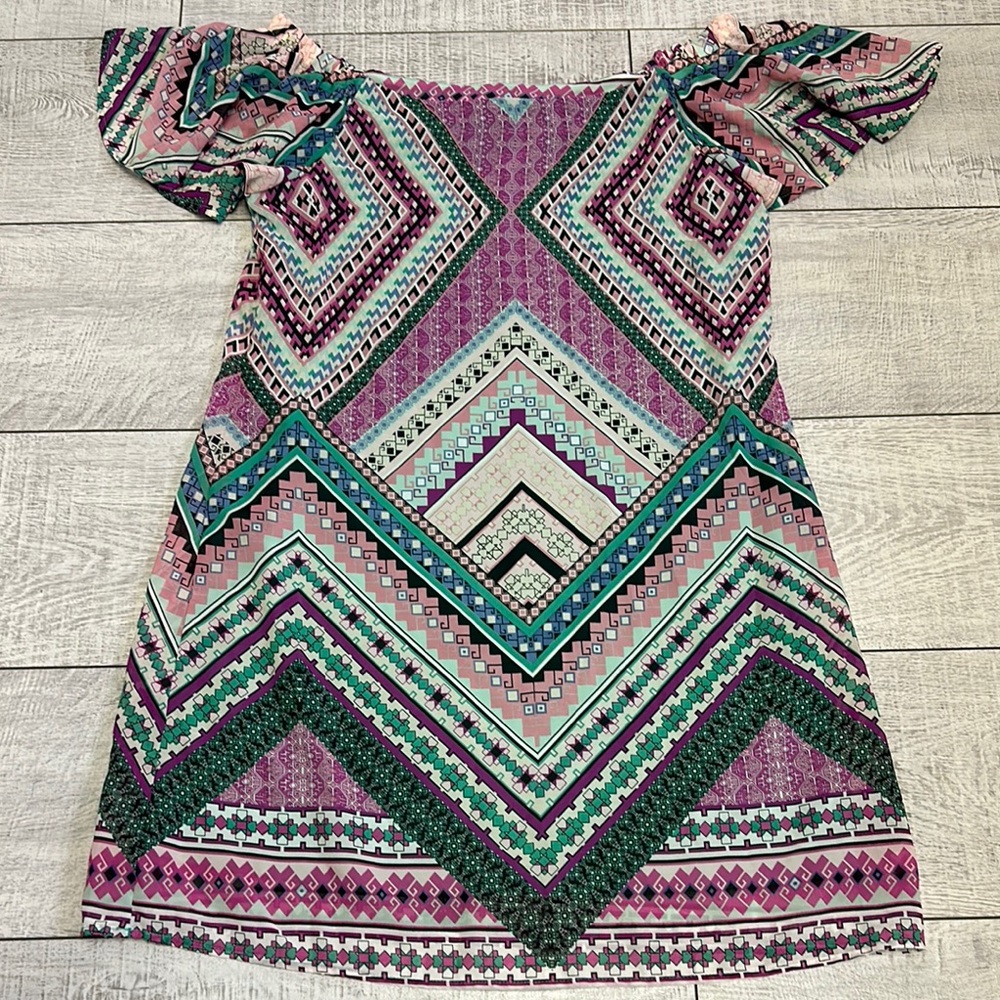 Vibrant Geometric Off-Shoulder Dress
